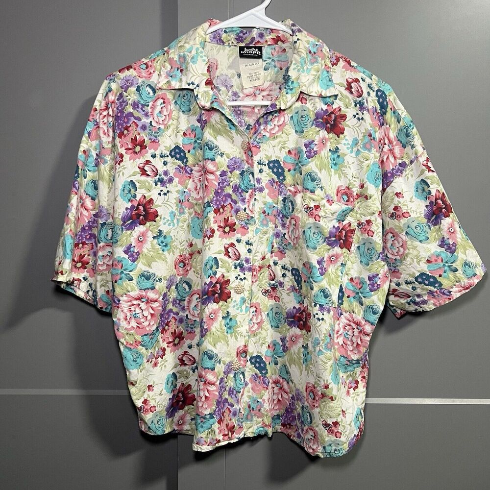 Judy Knapp Short Sleeve Floral Crop Button Up Shirt Multicolor M Grandma Cottage